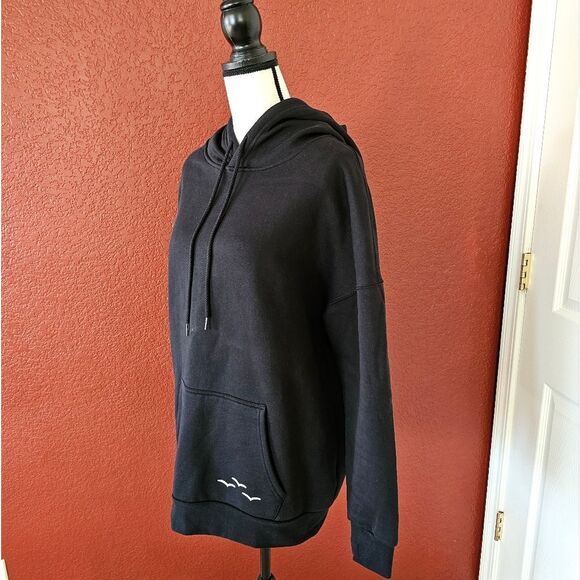 Black Pullover Sweater with Hood and Ribbed Cuffs - Picture 4 of 9